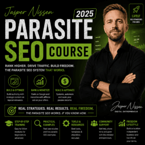 Parasite SEO Course promotional banner featuring Jasper Nissen with SEO strategies and website traffic growth techniques.