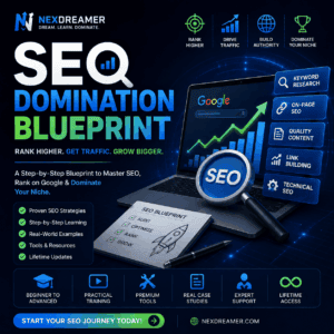NexDreamer SEO Domination Blueprint course banner with SEO growth and Google ranking visuals.