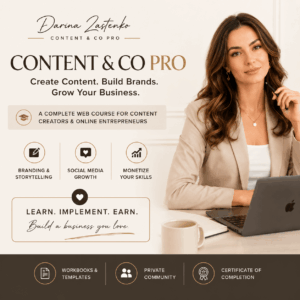 Content & Co Pro course promotional banner featuring Darina Zestenko with course highlights.